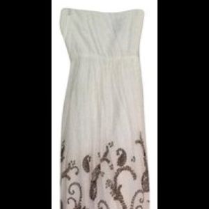 Anthropologie Strapless White Maxi Dress with Brown Scroll Embroidery